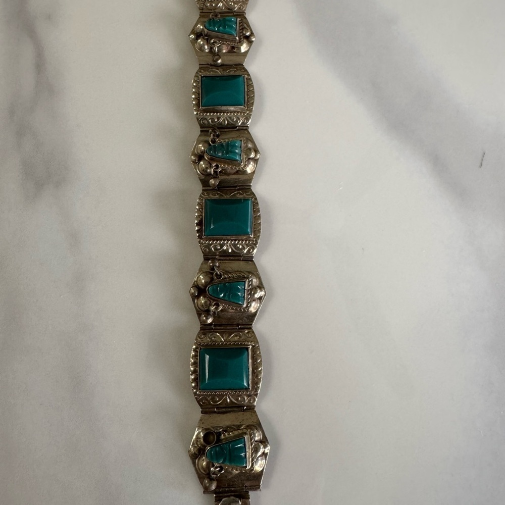Blue and Silver Bracelet with Turquoise Stones and Antique Metalwork